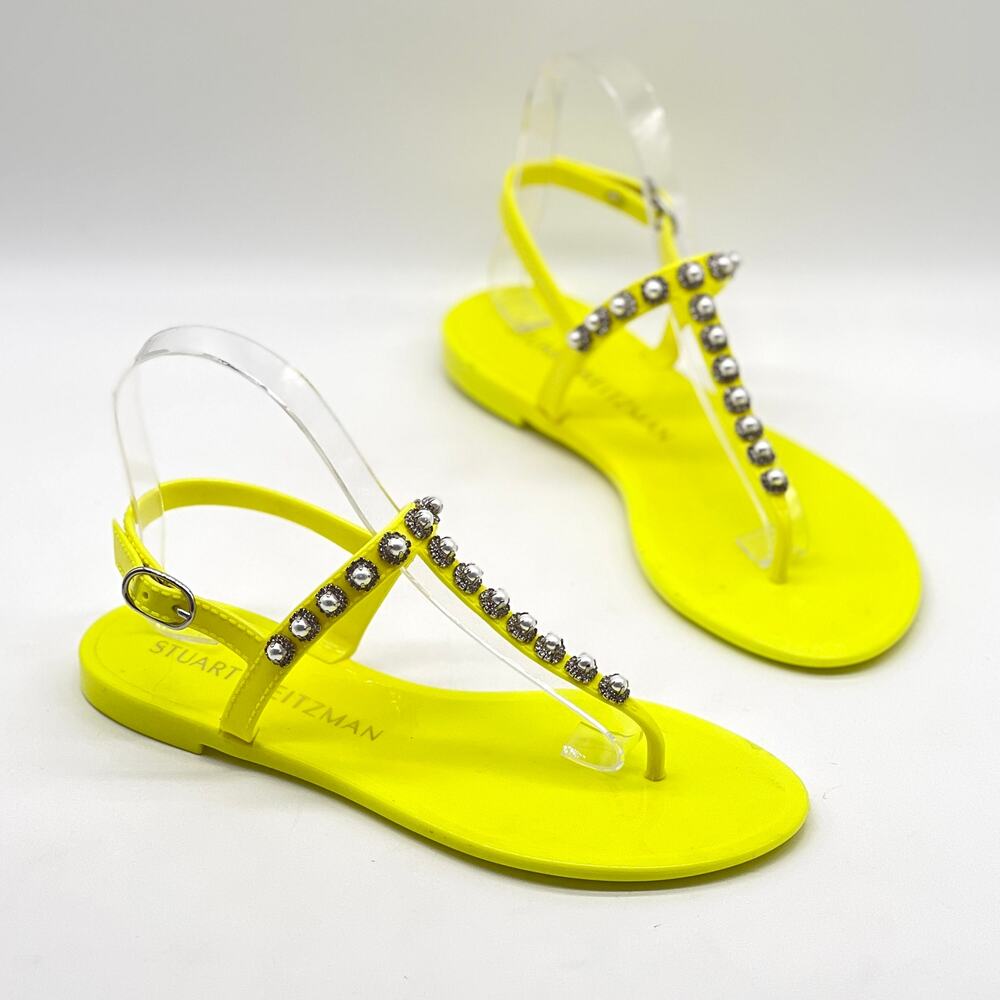 STUART WEITZMAN Goldie Pearl Crystal Jelly Sandals Womens 8 Neon Yellow T-strap